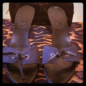 Gucci Leather & Canvas Monogram Slides 7.5